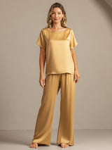 [Tan] SilkSilky-UK 19Momme Machine-Washable Silk Short Sleeve Women's Pyjamas 008