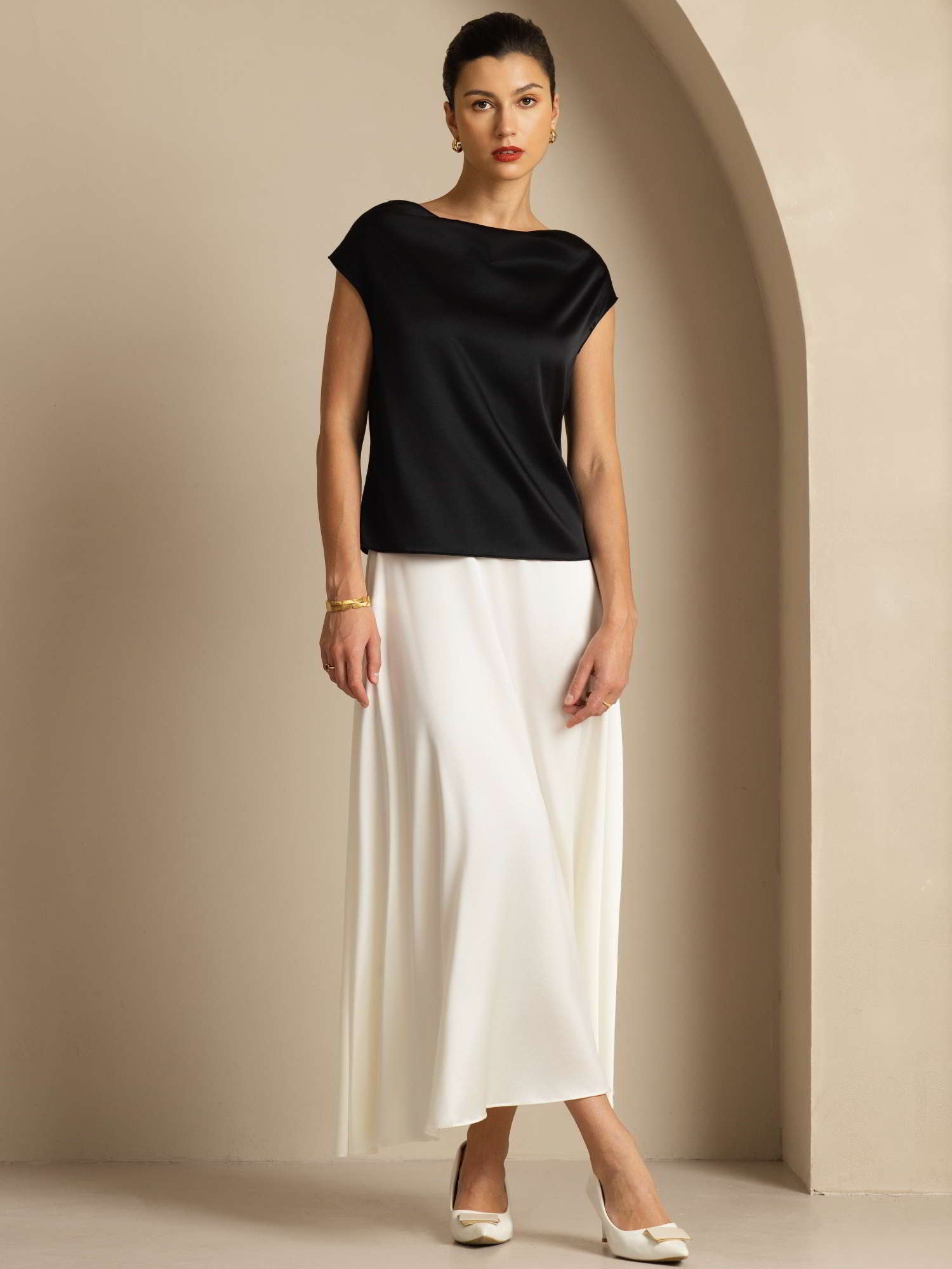 [Black] SilkSilky-UK 19Momme Silk Cap Sleeve Cowl Neck Women's T-Shirt 007