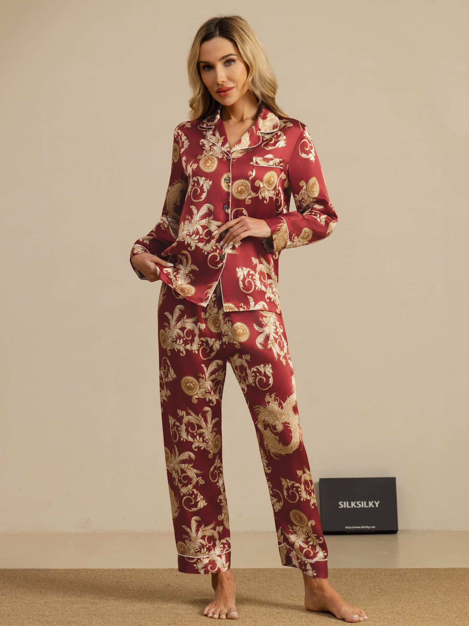 [Wine Dragon] SilkSilky-UK Long Sleeve Notch Collar Women's Pyjamas 008