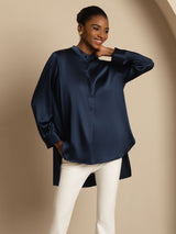 [Dark Blue] SilkSilky-UK 19Momme Stretch Silk Charmeuse Long Sleeve Stand Collar Blouse 006