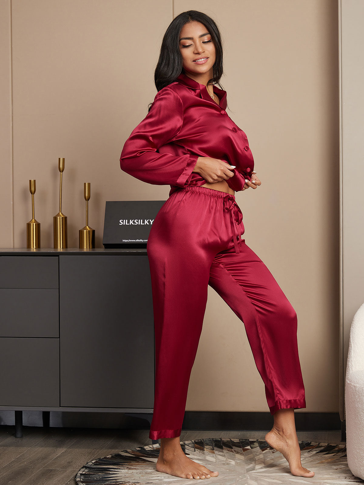 SilkSilky-UK Pure Silk Long Sleeve Lapel Women's Pyjamas Wine 005