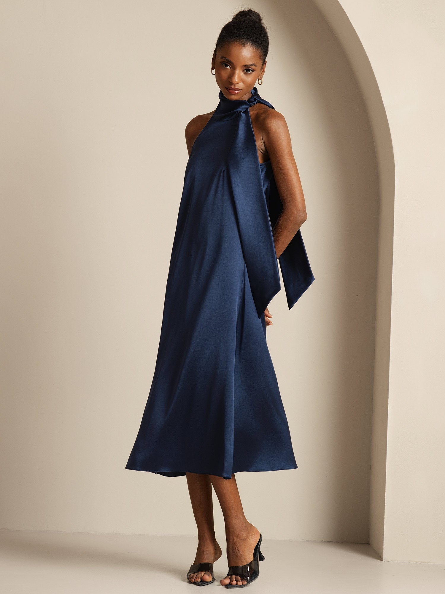 [Dark Blue] SilkSilky-UK 19Momme Silk Tie Neck Dress 003,