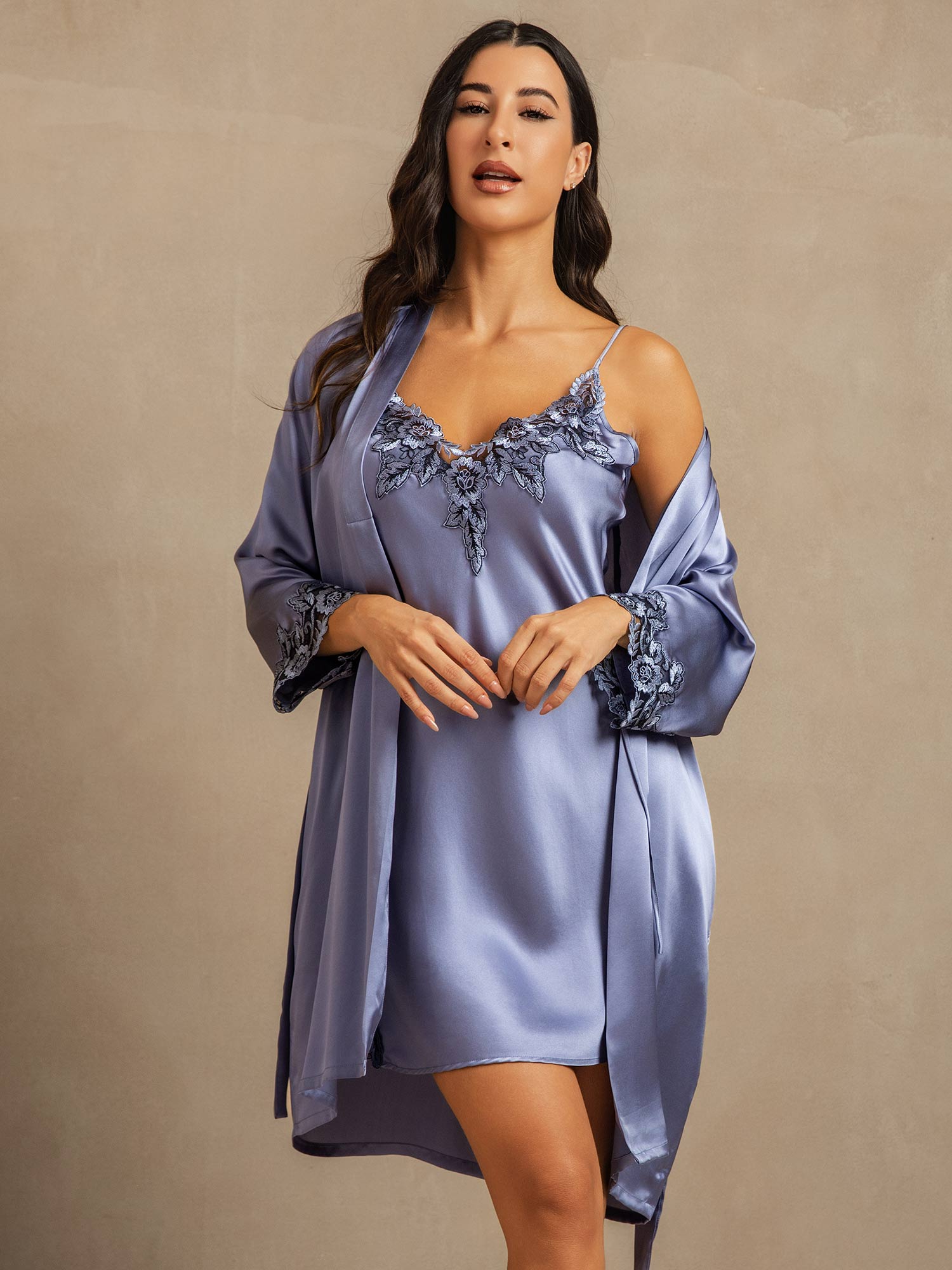 [Steel Blue] SilkSilky-UK Pure Silk V Neck Nightdress&Dressing gowns 003