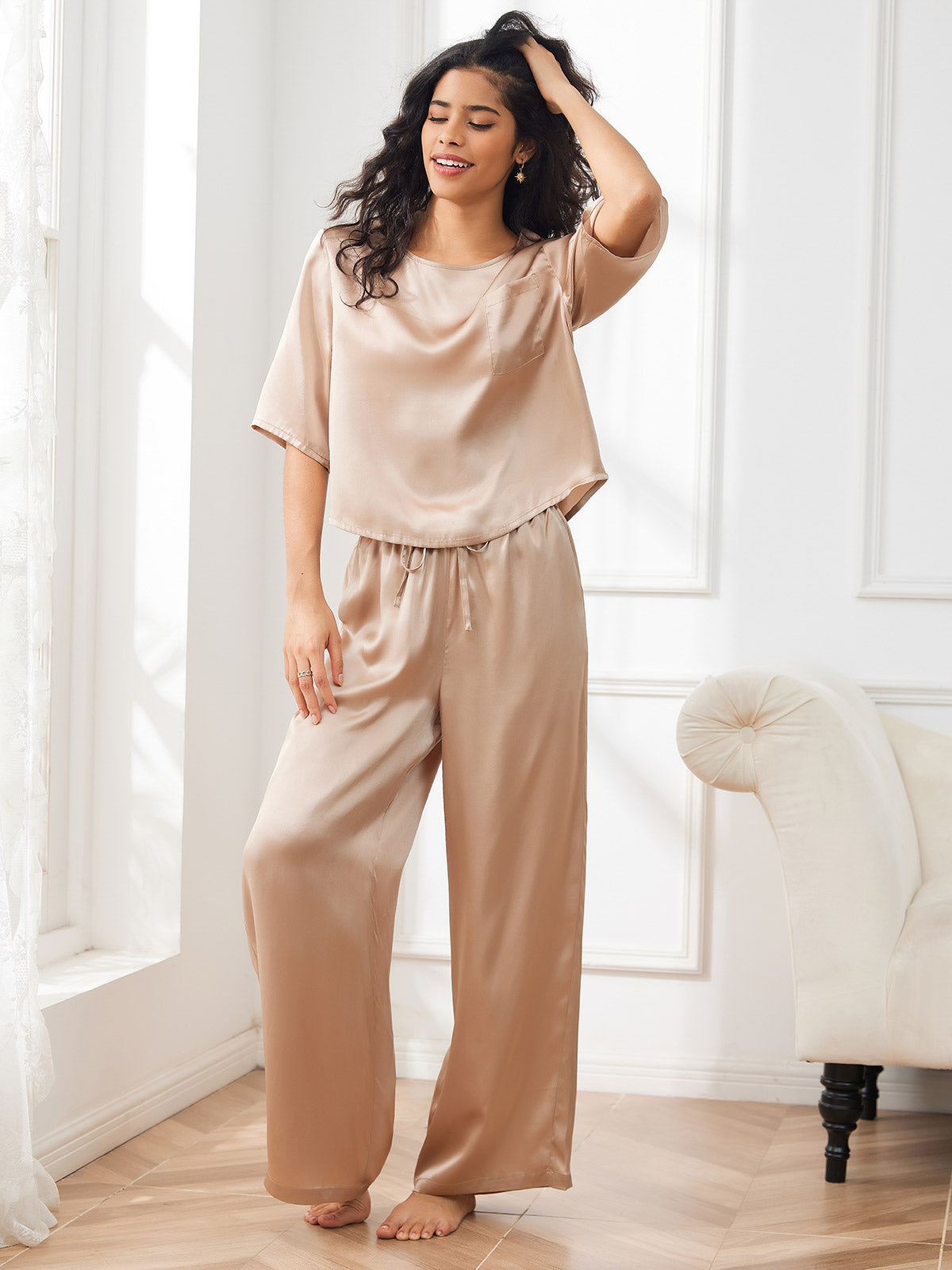 [Champagne] SilkSilky-UK Half Sleeve Round Neck Women's Pyjamas 001