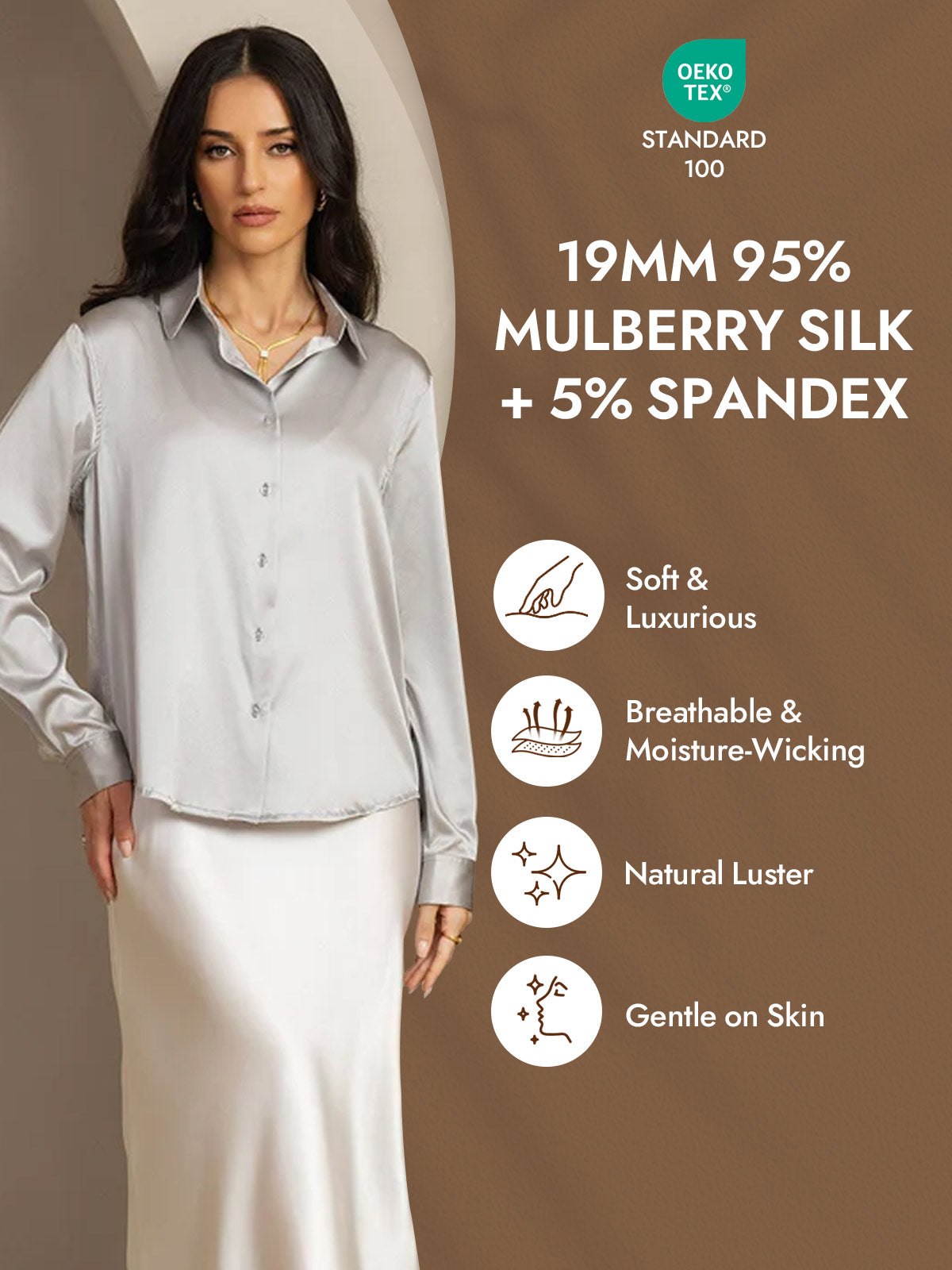 [Light Gray] SilkSilky-UK Silk Long Sleeve Collar Women's Shirt 004