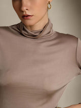 [Khaki] SilkSilky-UK Silk Jersey Long Sleeve Turtle Neck Women's T-Shirt 007