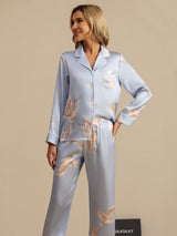 [Light Blue] SilkSilky-UK Long Sleeve Lapel Collar Women's Pyjamas 003