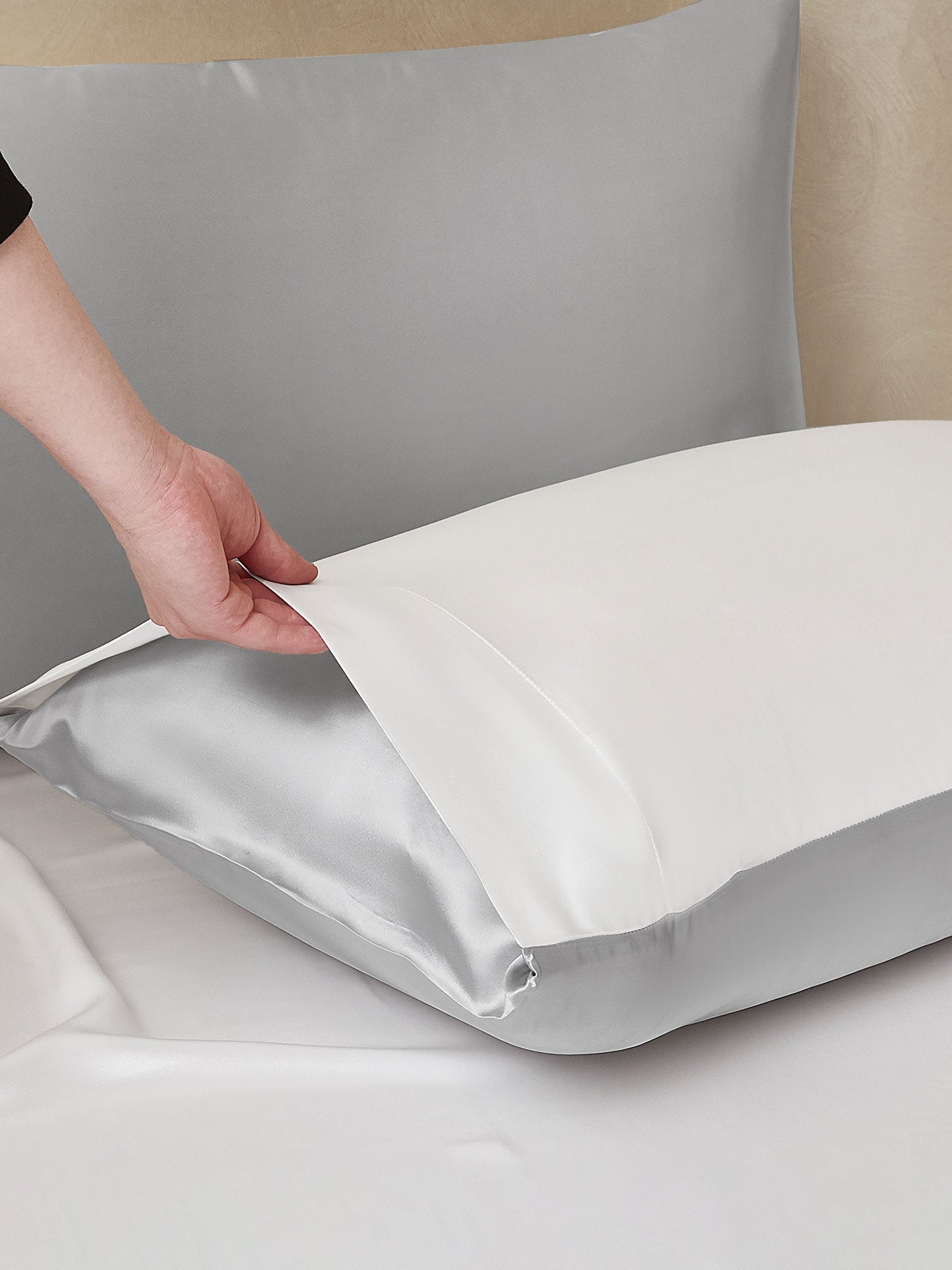 [LightGray+White] SilkSilky-UK 25Momme Pure Silk Bedding Set 005,