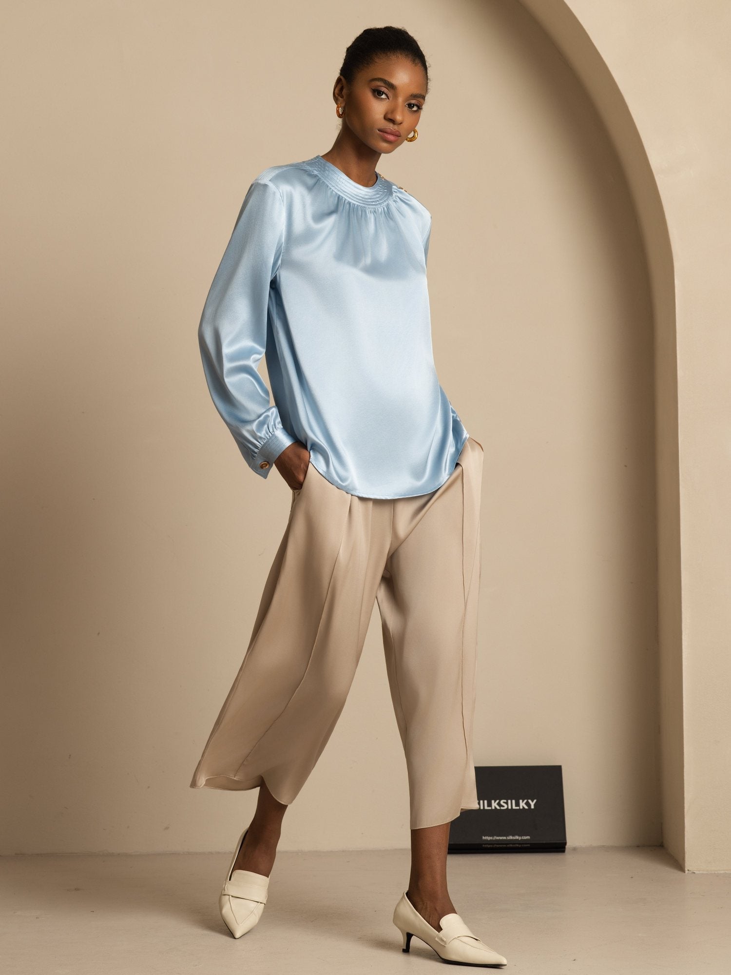 [GrayishBlue] SilkSilky-UK 19Momme Silk Long Sleeve Round Neck Blouse 007