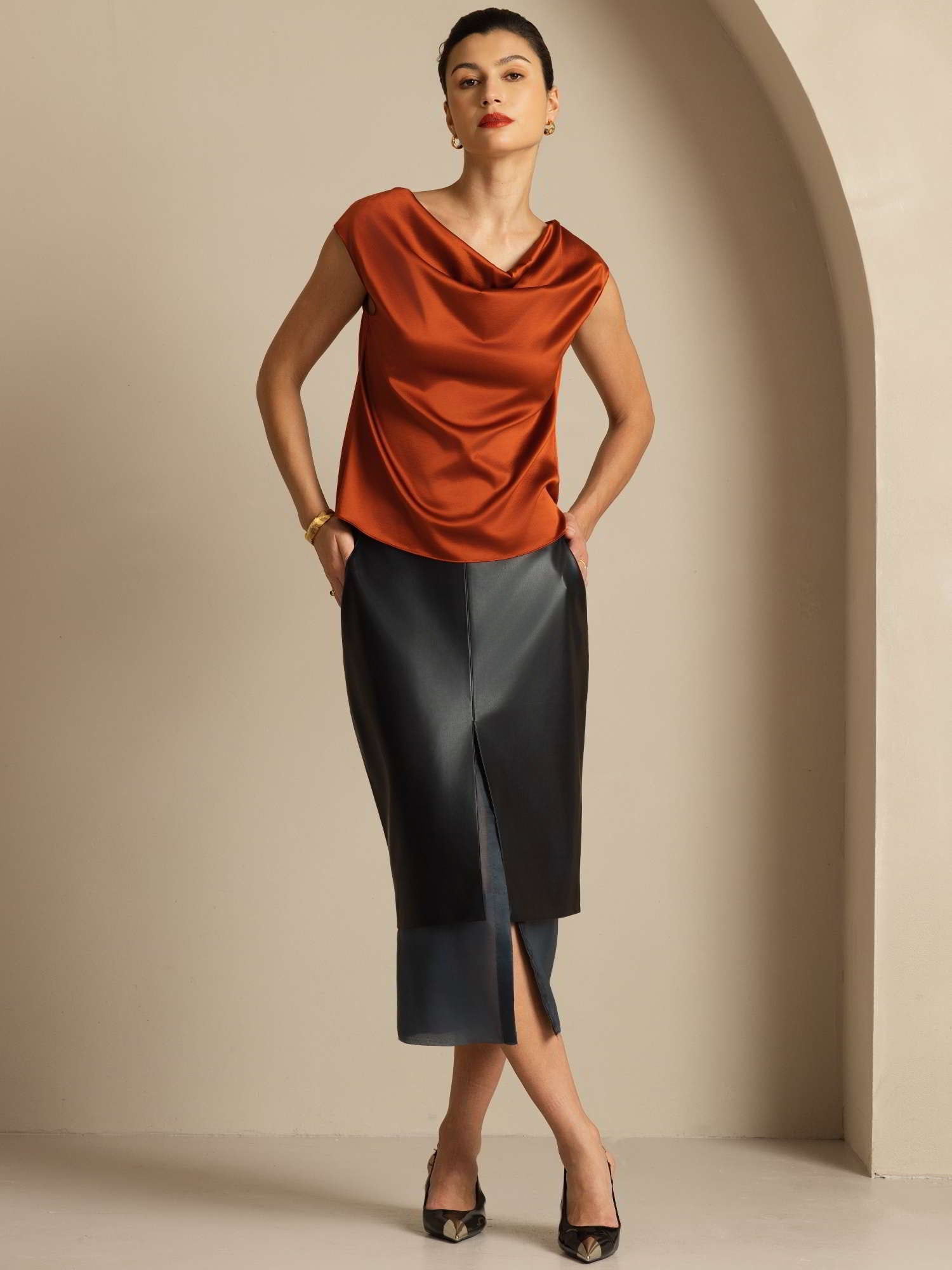 [Caramel] SilkSilky-UK 19Momme Silk Cap Sleeve Cowl Neck Women's T-Shirt 008