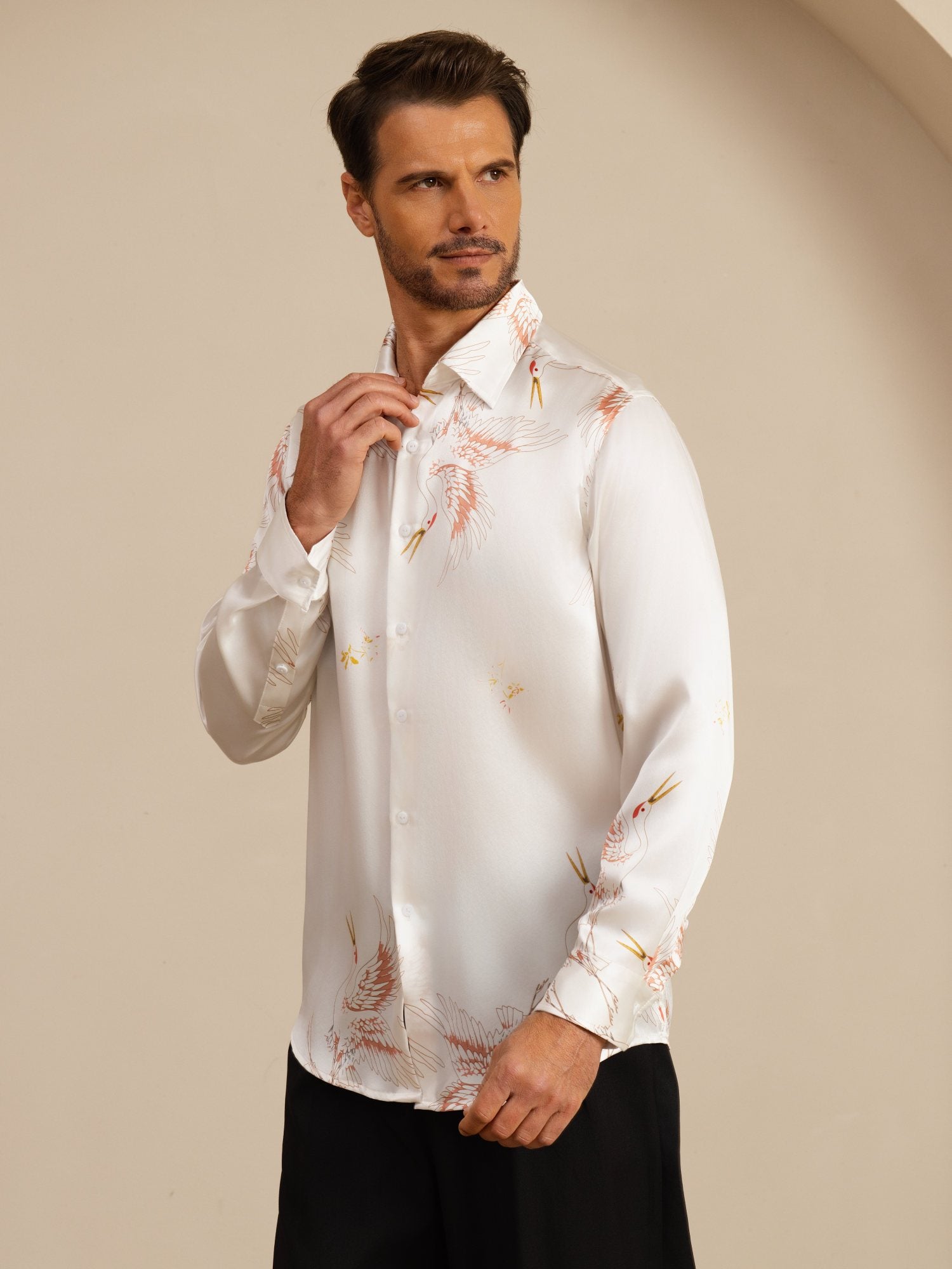[White] SilkSilky-UK 19Momme Long Sleeve Lapel Collar Men's Shirt 004