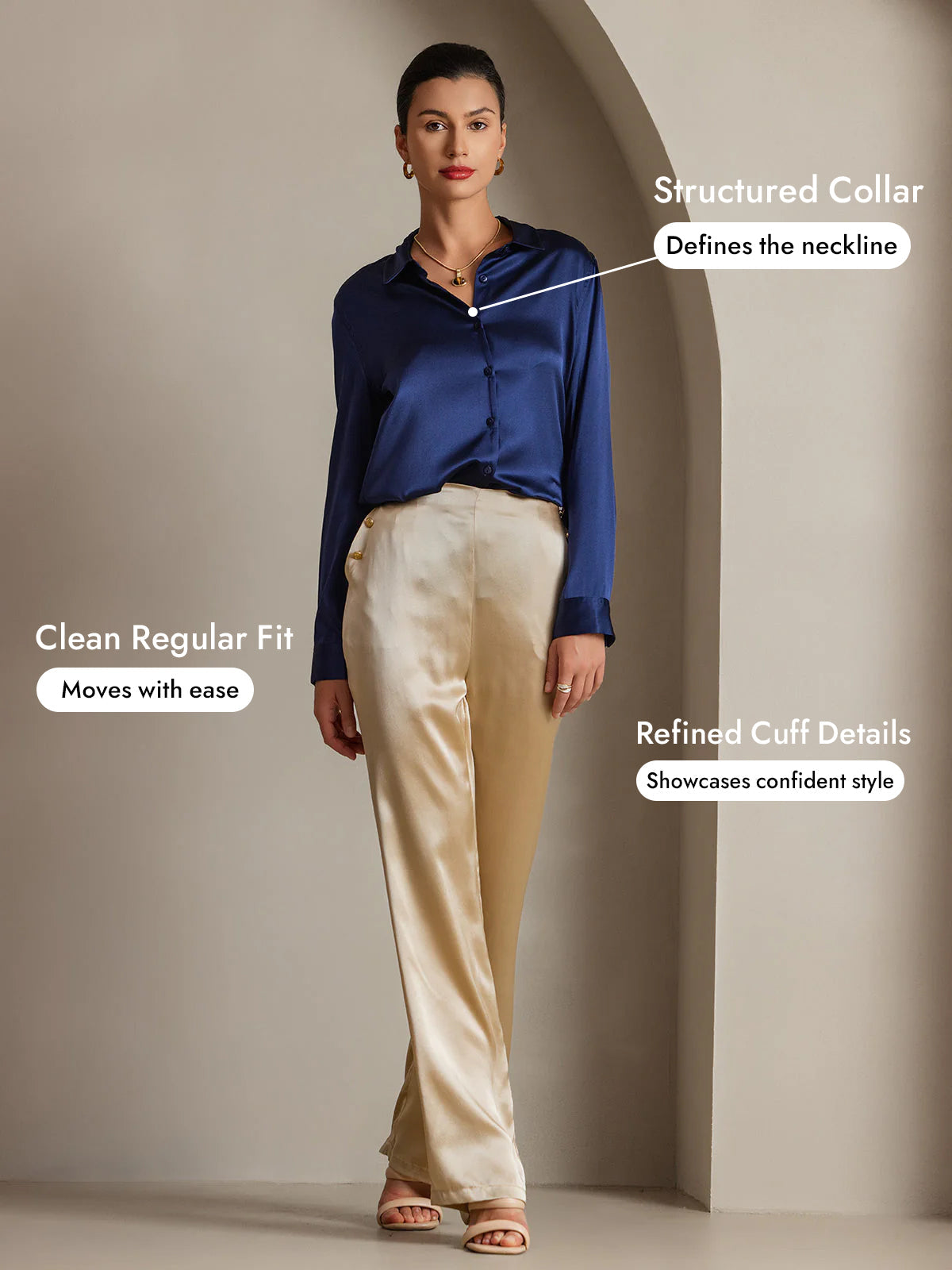 [Dark Blue] SilkSilky-UK Silk Long Sleeve Collar Women's Shirt 005