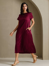 [Dark Red] SilkSilky-UK Short Sleeve Crew Neck Dress 007