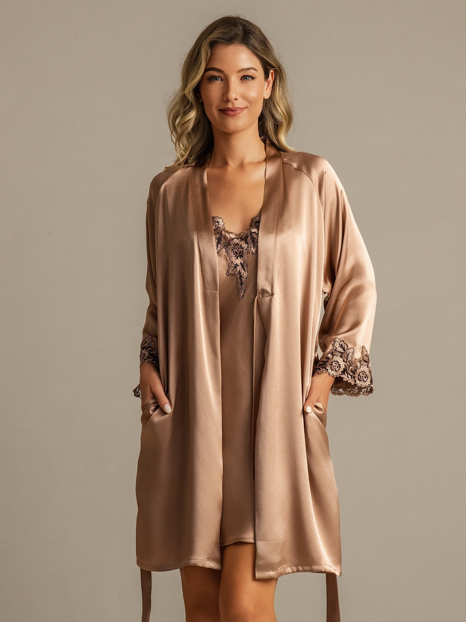[Brown] SilkSilky-UK Nightgown&Robe Set 003,