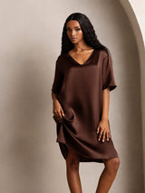 [Brown] SilkSilky-UK Half Sleeve V Neck Nightdress 001