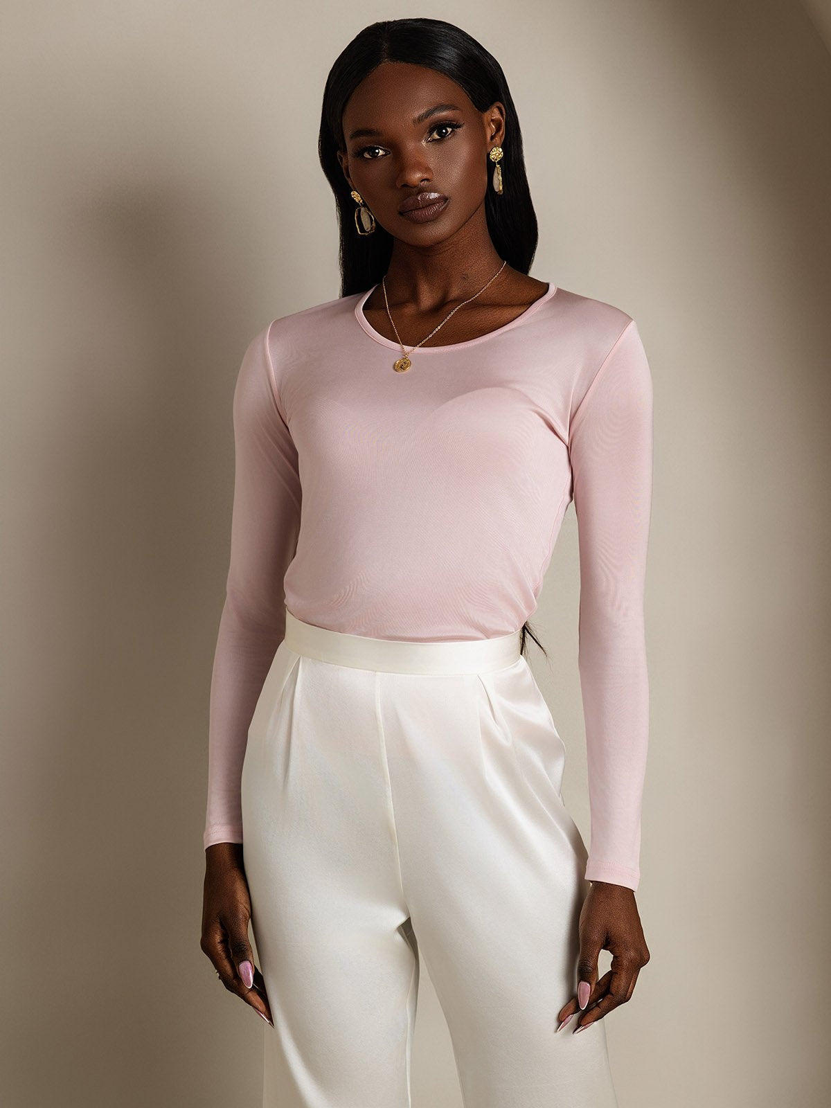 [Coral Pink] SilkSilky-UK Silk Long Sleeve Round Neck Women's T-Shirt 003