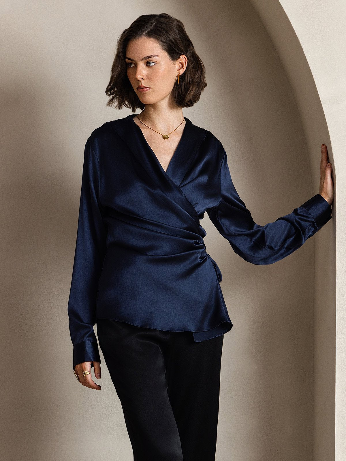 [Dark Blue] SilkSilky-UK 19Momme Silk Long Sleeve V Neck Women's Shirt 001