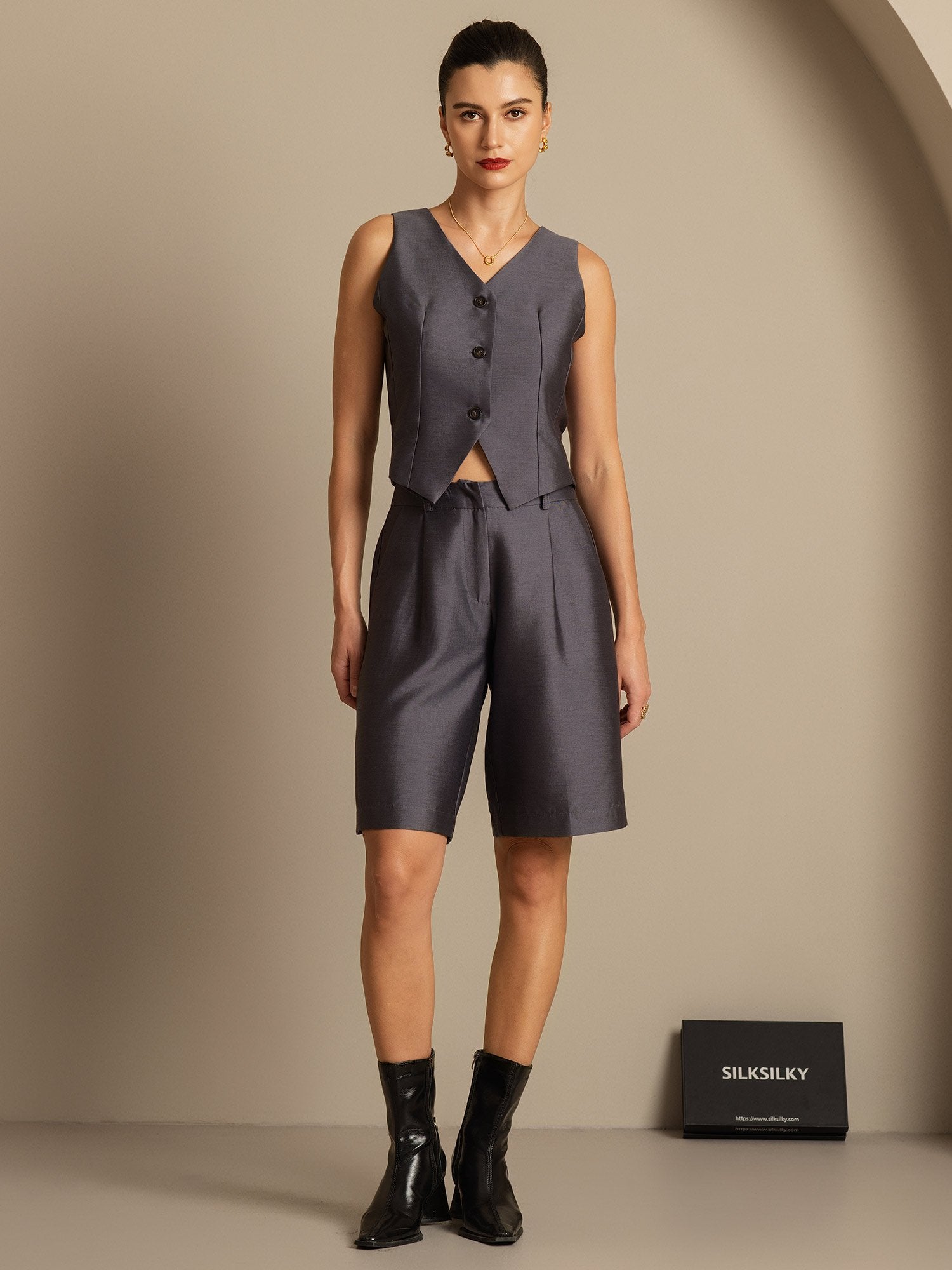 [Gray] SilkSilky-UK 32Momme Silk-Wool Blend V Neck Women's Vest 003