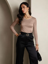 [Coffee] SilkSilky-UK Silk Jersey Long Sleeve Round Neck Women's T-Shirt 004