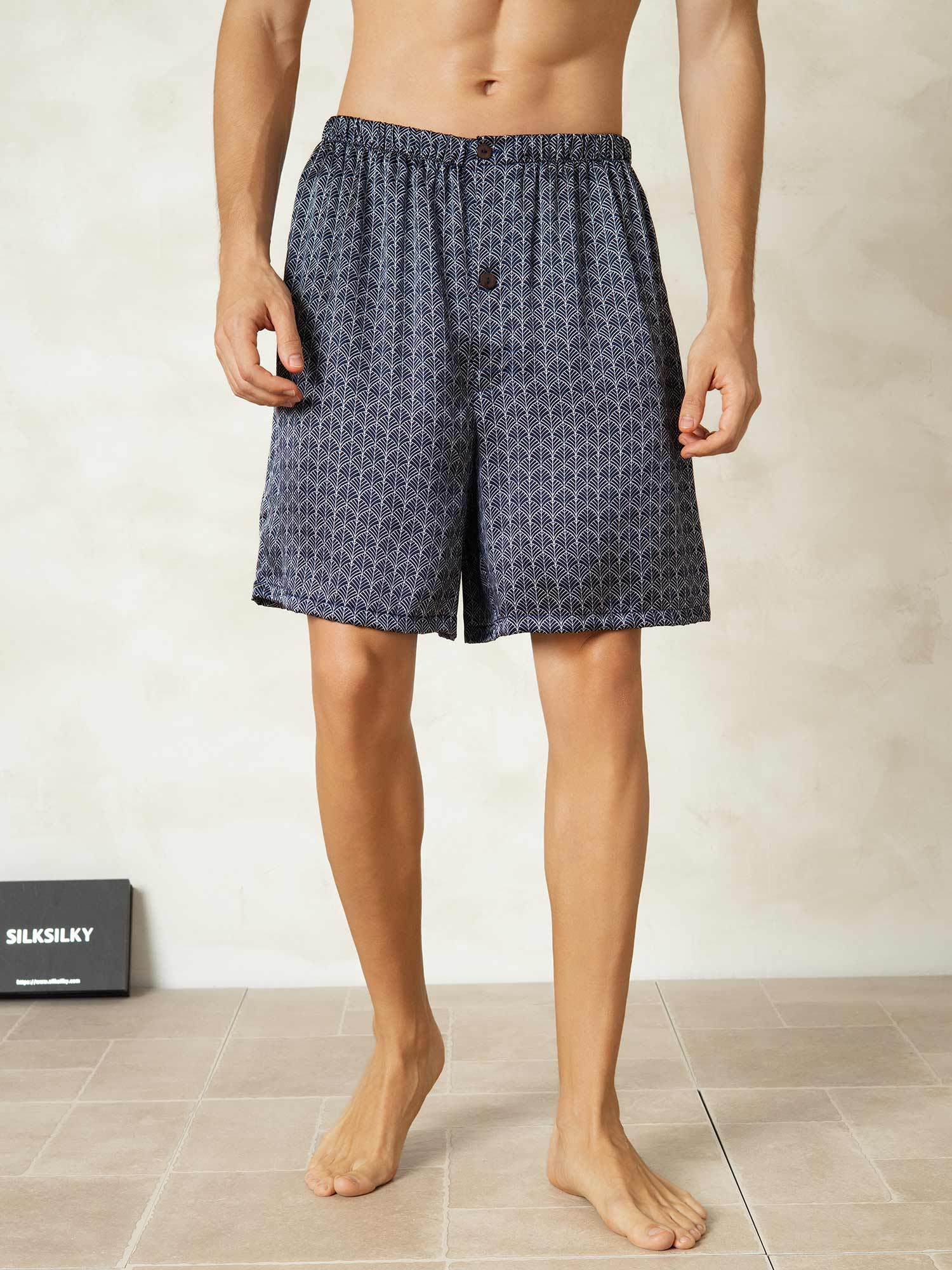 [Navy Ginkgo] SilkSilky-UK Pure Silk Mens Sleep Bottoms 001,