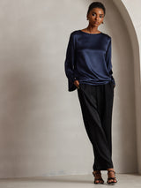 [Dark Blue] SilkSilky-UK Long Sleeve Boat Neck Blouse 006