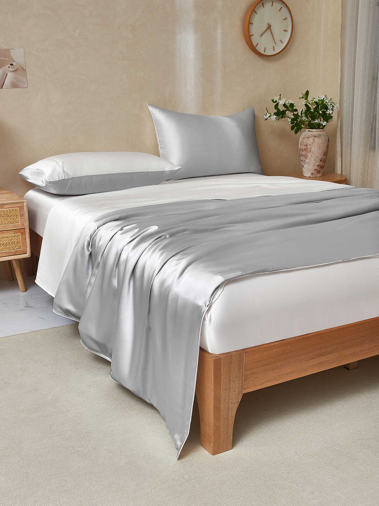 [LightGray+White] SilkSilky-UK 19Momme Pure Silk Bedding Set 003,