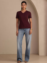 [Wine] SilkSilky-UK Short Sleeve V Neck Women's T-Shirt 005