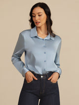 [Grayish Blue] SilkSilky-UK Long Sleeve Lapel Collar Women's Shirt 005