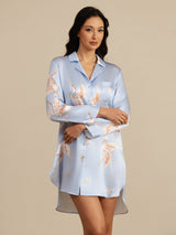 [Light Blue] SilkSilky-UK Long Sleeve Lapel Collar Nightshirt 003