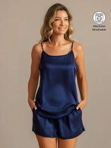 [Dark Blue] SilkSilky-UK 19Momme Machine-Washable Silk Spaghetti Strap Round Neck Camisole Set 001
