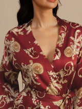 [Wine Dragon] SilkSilky-UK 3/4 Sleeve V Neck Women's Dressing Gown 006