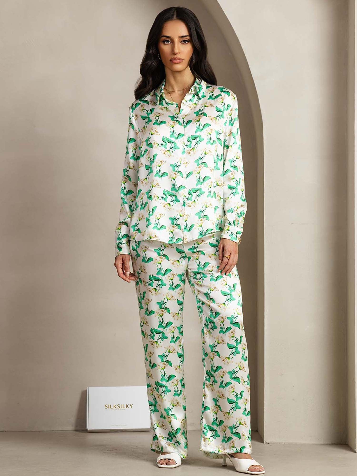 [GreenFloral] SilkSilky-UK 19Momme Silk Collar Women''s Outfit Sets 001