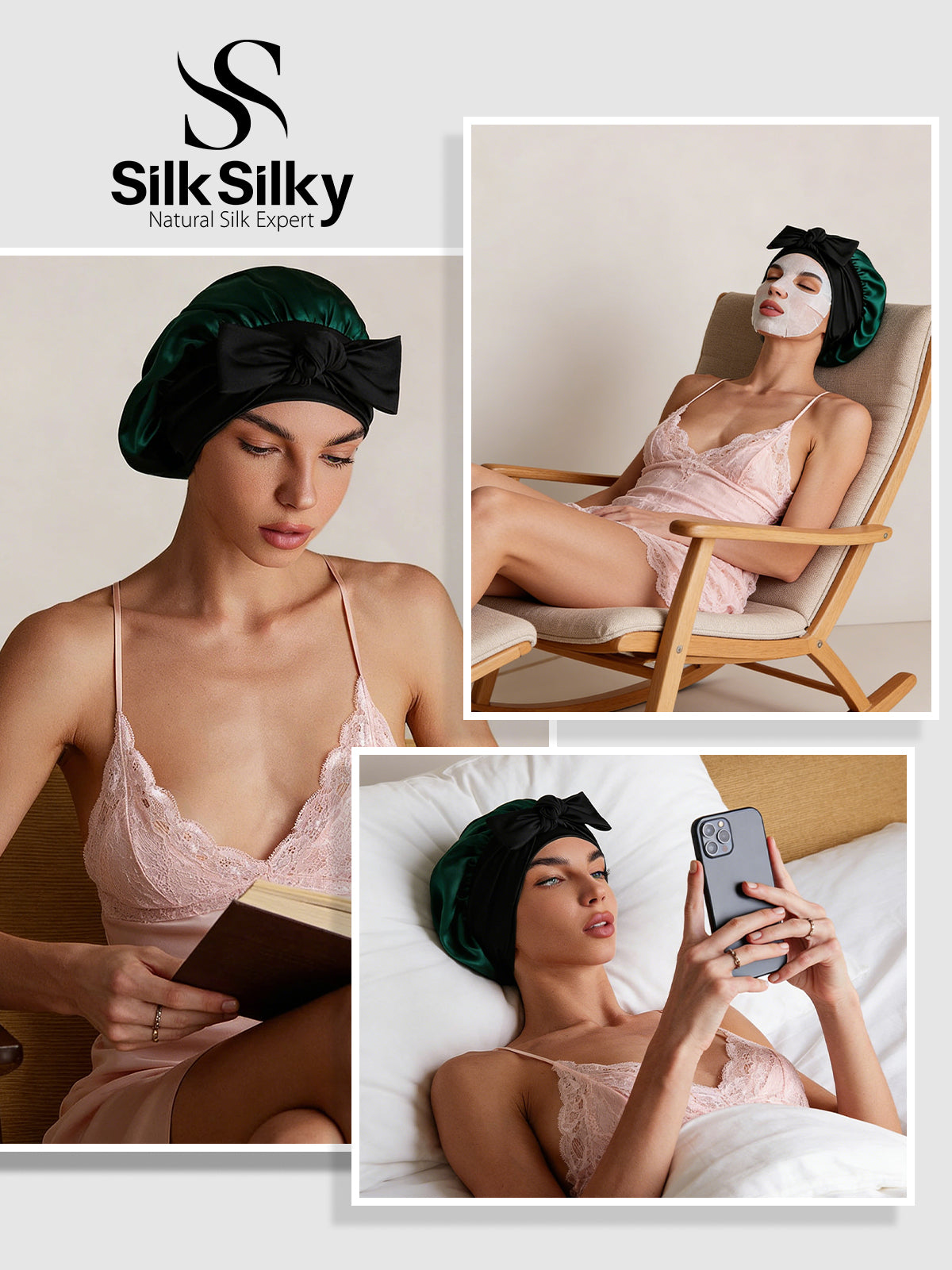 [Dark Green] SilkSilky-UK Pure Silk Sleep Cap 005