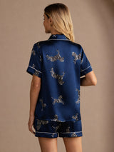 [Navy Zebra] SilkSilky-UK Short Sleeve Lapel Collar Women's Pyjamas 002
