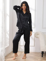[Black] SilkSilky-UK Long Sleeve Lapel Collar Women's Pyjamas 005
