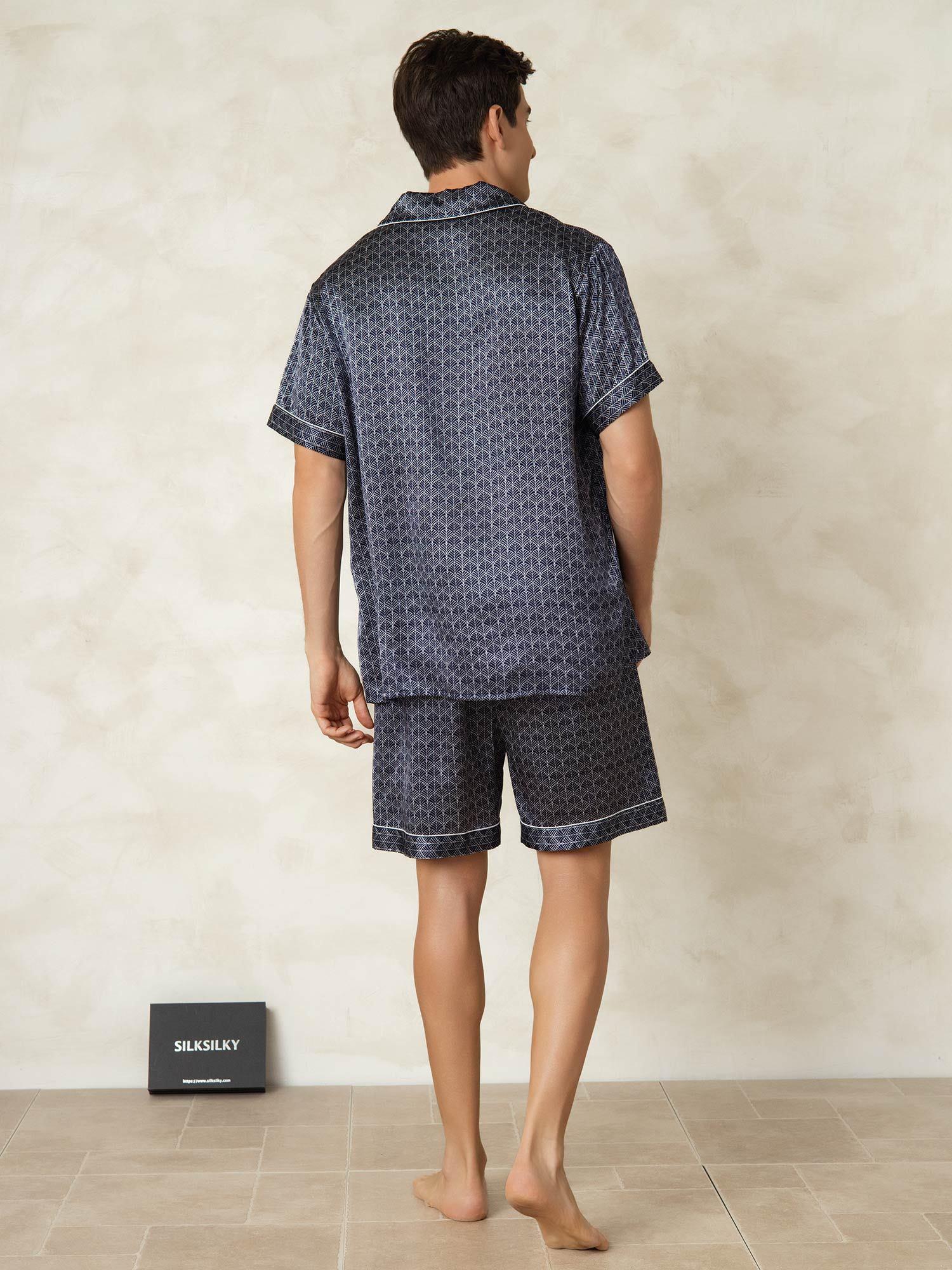 [Navy Ginkgo] SilkSilky-UK Short Sleeve Notch Collar Men's Pyjamas 002