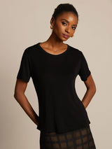 [Black] SilkSilky-UK 100% Silk Jersey Short Sleeve Round Neck Women's T-Shirt 001