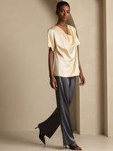 [Champagne] SilkSilky-UK Short Sleeve Cowl Neck Women's Blouse 007