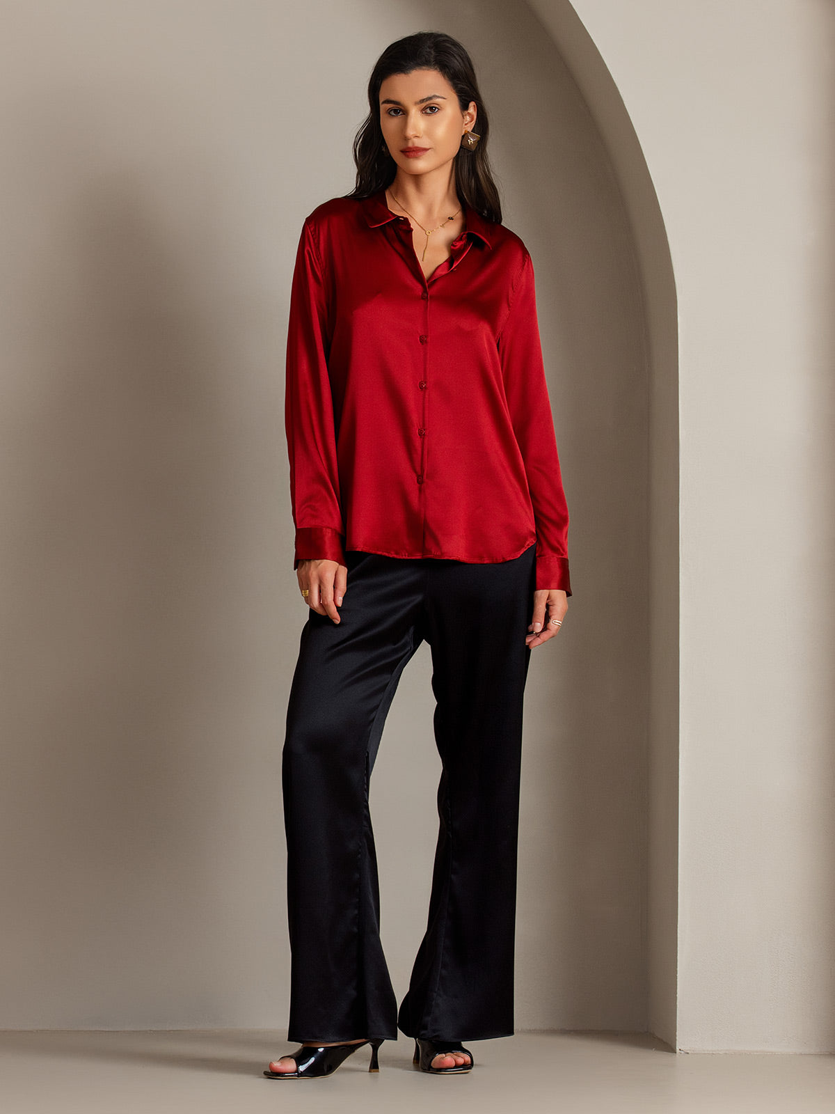 [Red] SilkSilky-UK Silk Long Sleeve Collar Women's Shirt 006