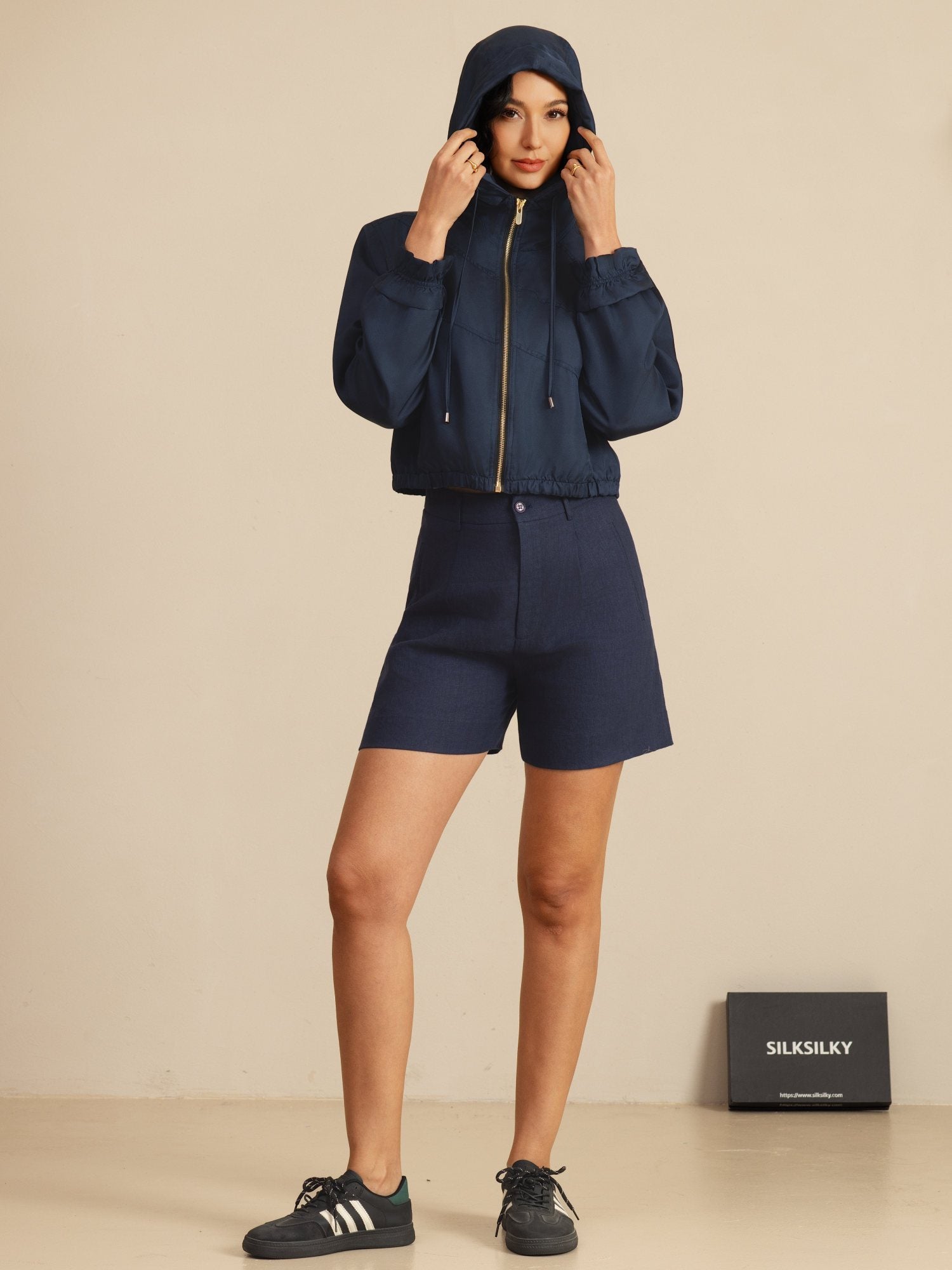 [DarkBlue] SilkSilky-UK 18Momme Silk Satin Surah Long Sleeve High Neck Women's Outerwear 008