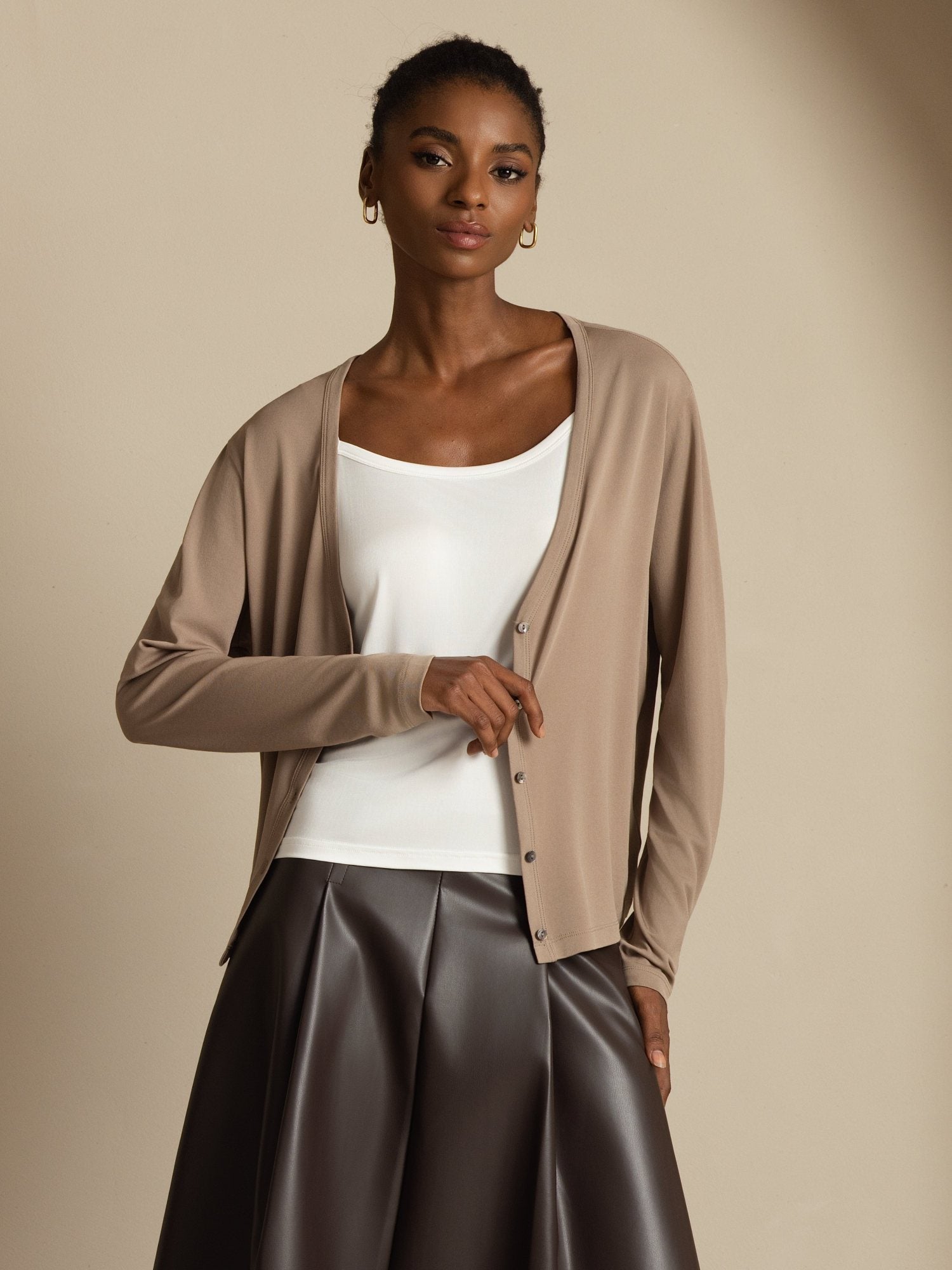 [Tan] SilkSilky-UK 19Momme 100% High-Twist Silk Jersey Long Sleeve V Neck Women's Cardigan 004