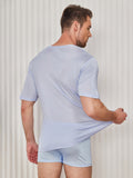 SilkSilky-UK Silk Knitted Short Sleeve V Neck Men's T-Shirt LightBlue 002