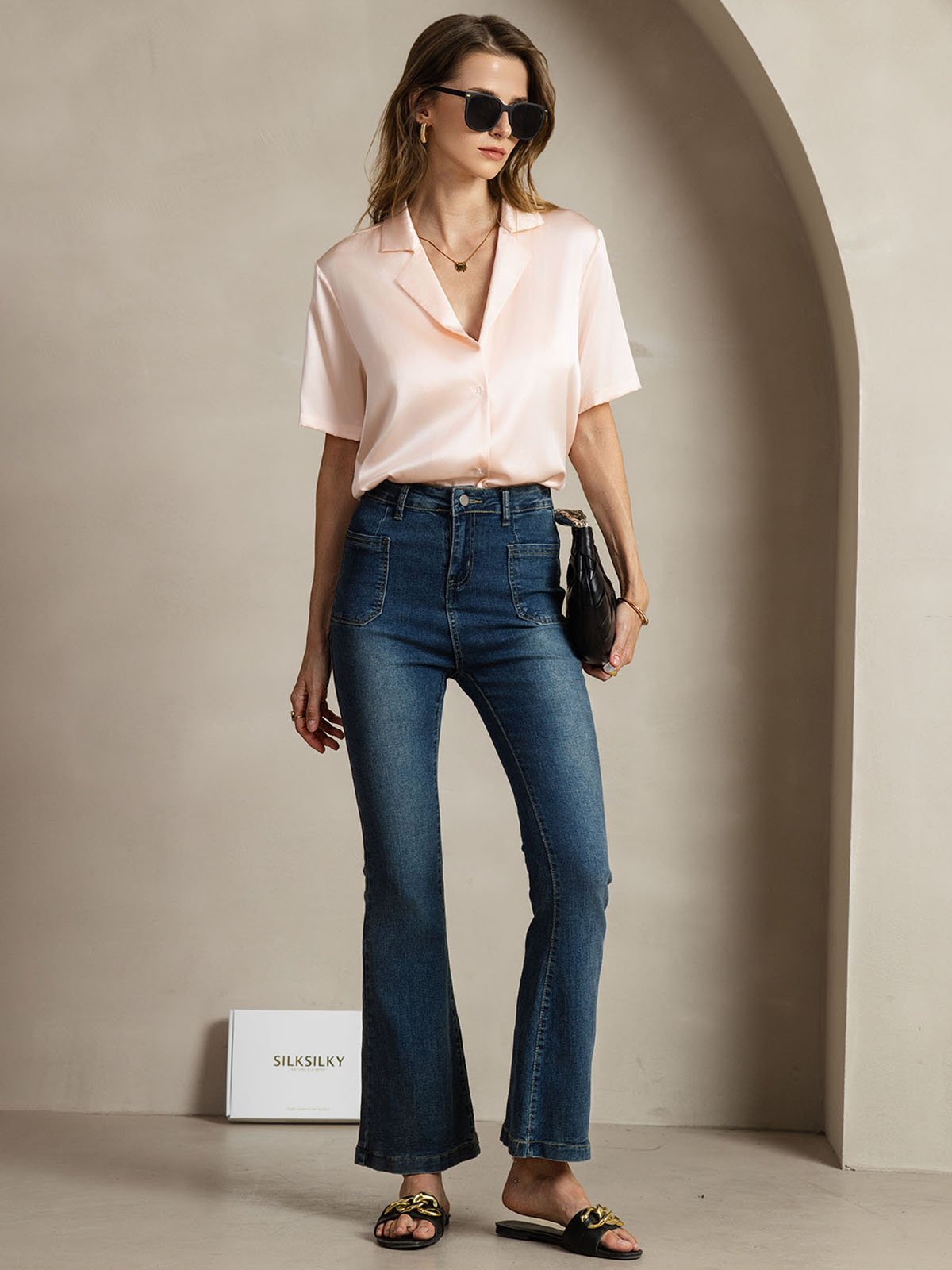 [Pink] SilkSilky-UK 19Momme Silk Notched Neck Women's Shirt 008