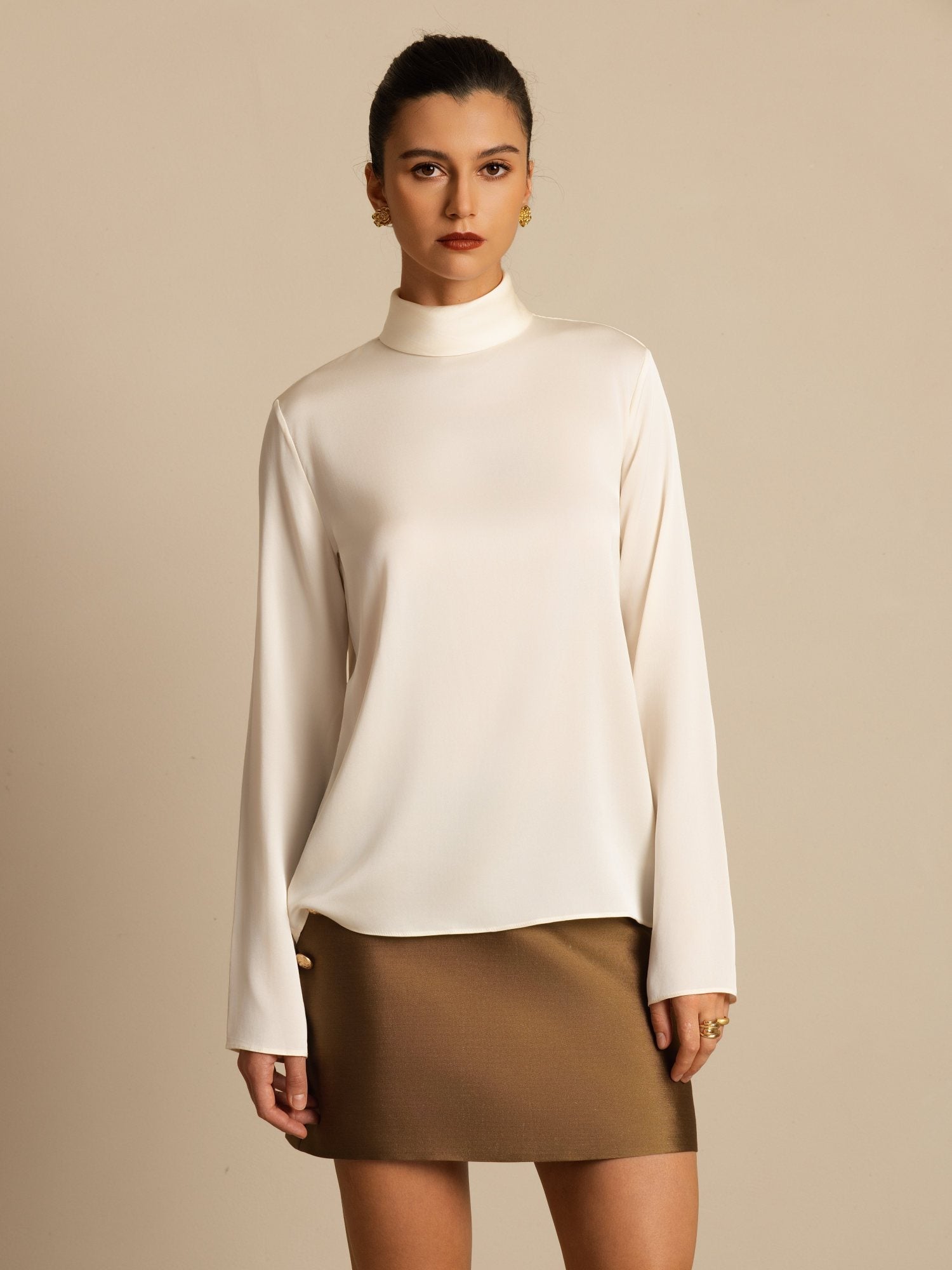 [Champagne] SilkSilky-UK 19Momme Silk Long Sleeve Turtle Neck Women's T-Shirt 001