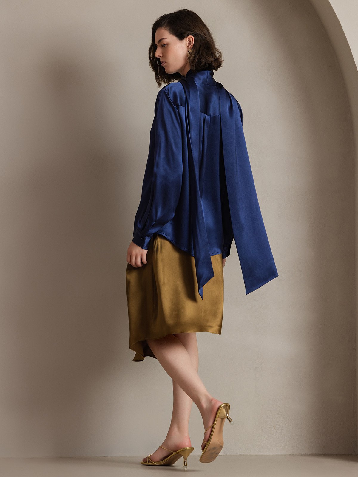 [Dark Blue] SilkSilky-UK 19Momme Silk Long Sleeve Tie Neck Blouse 002