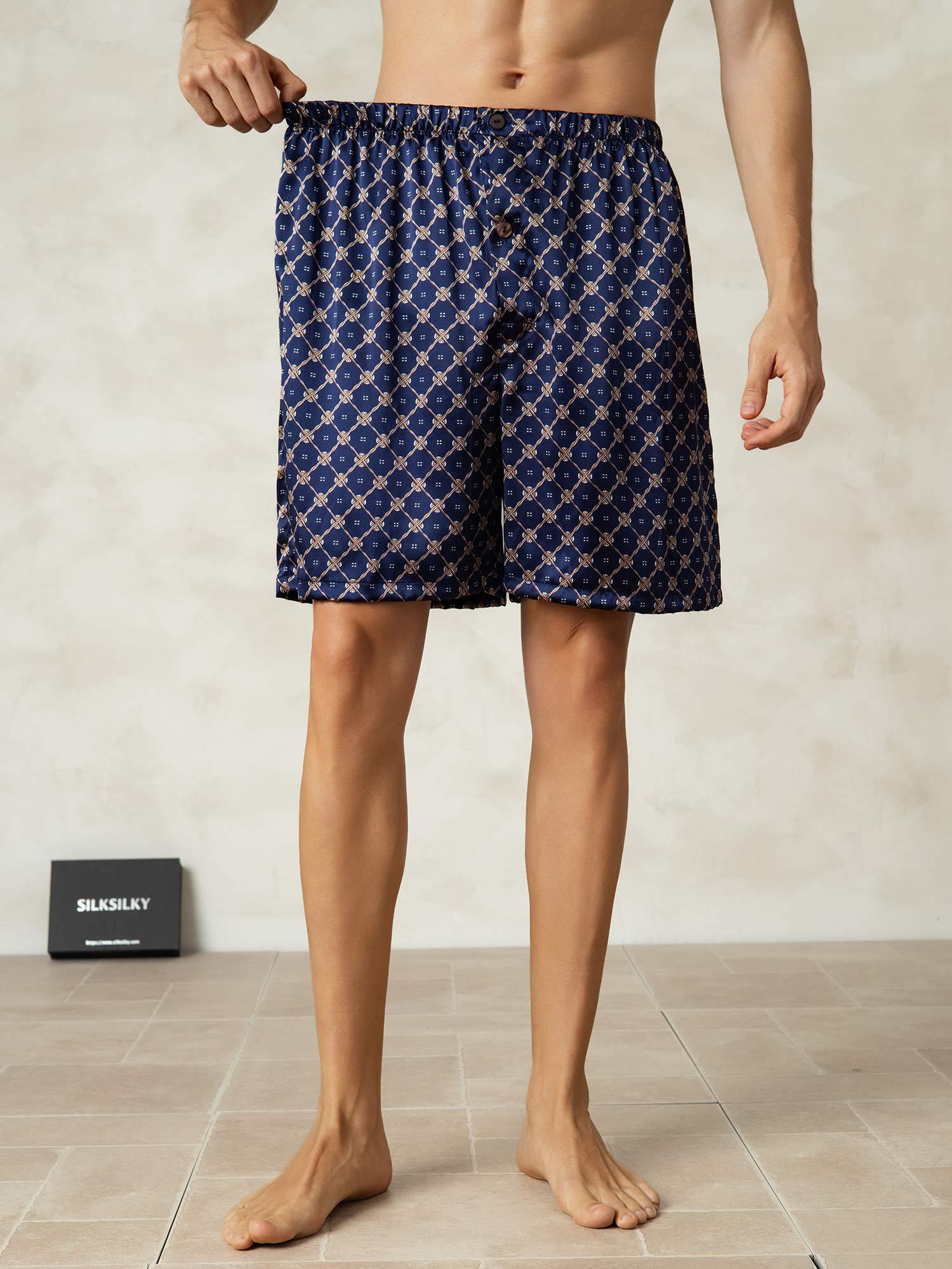 [Navy Chain] SilkSilky-UK Pure Silk Mens Sleep Bottoms 005,