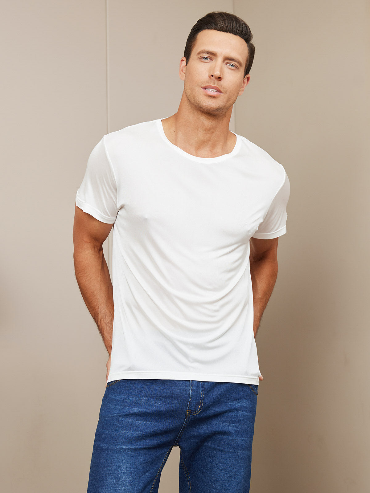 SilkSilky-UK Silk Knitted Short Sleeve Round Neck Men's T-Shirt White 004