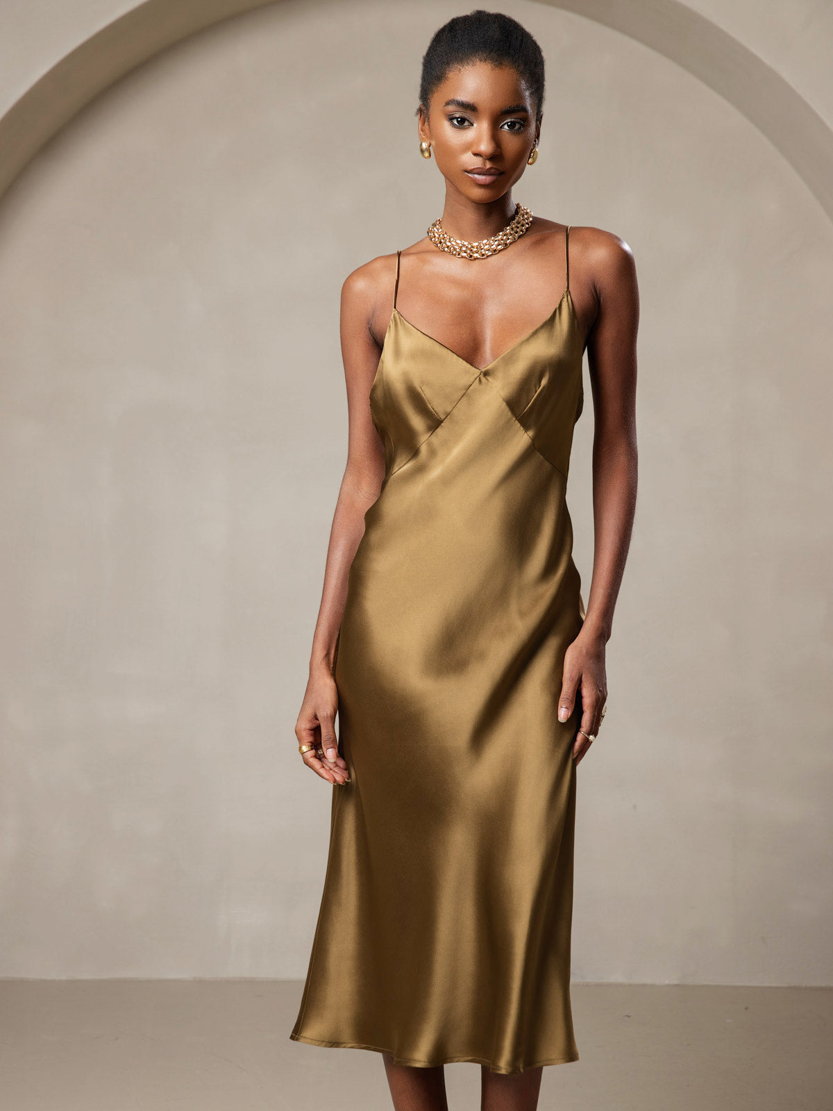 [Brown] SilkSilky-UK 19Momme Pure Silk V Neck Dress 004
