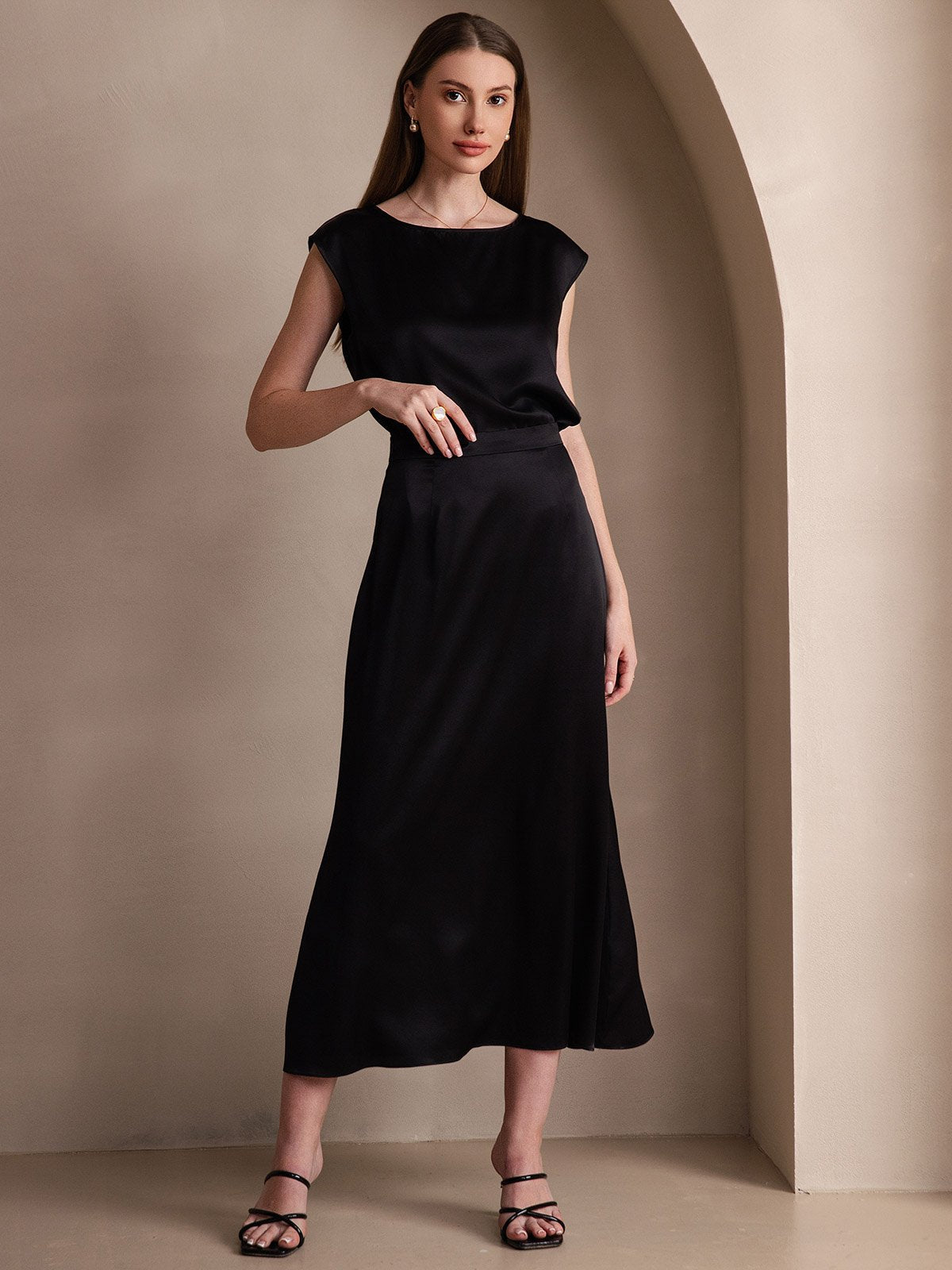 [Black] SilkSilky-UK 19Momme Stretch Silk Charmeuse Skirt 003