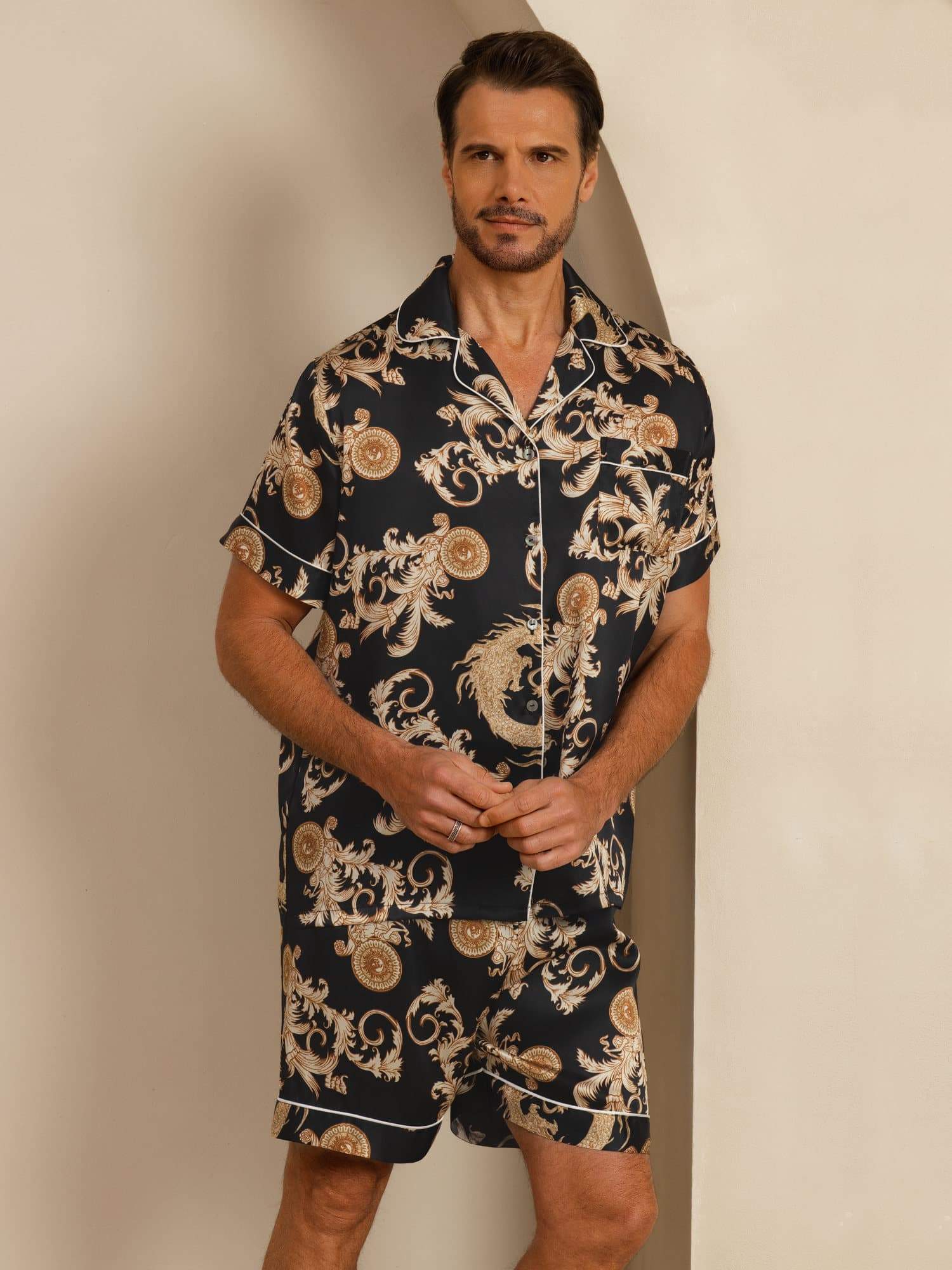 [Black Dragon] SilkSilky-UK Short Sleeve Notch Collar Men's Pyjamas 004